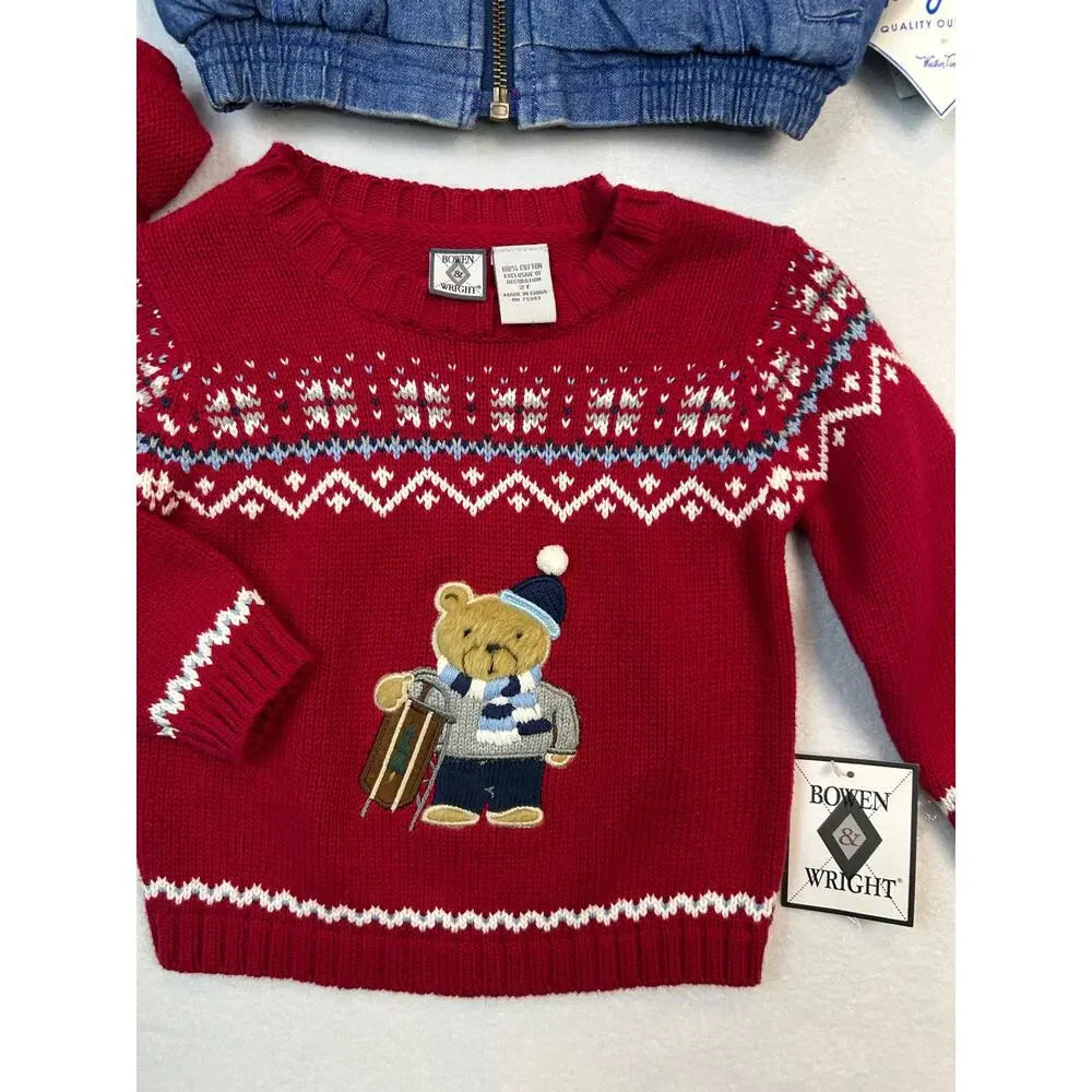 3pc Vtg Toddler Lot NWT 18mth Jacket Denim 2T Sweater Fair Isle Teddy Bear Baby